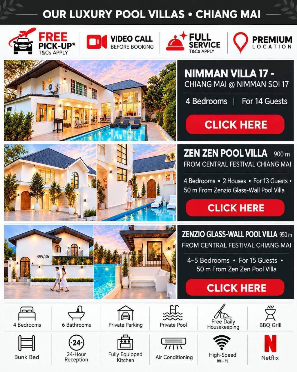 Our luxury pool villas Chiang Mai: free pick-up, video call before booking, full service and premium locations